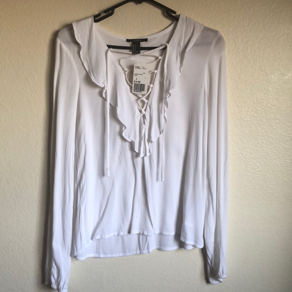 Woven white lace up long sleeve